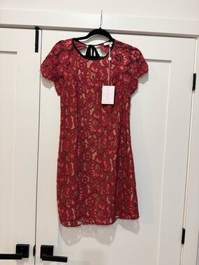 Wayf Burgundy Floral Lace Mini Dress fully lined. Sz Small